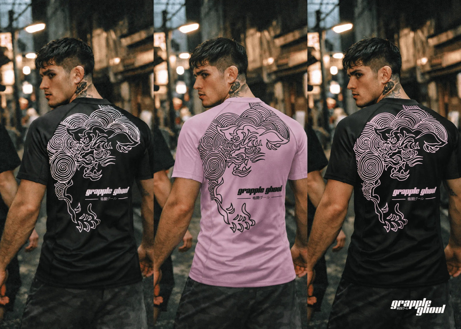 Three views of a person wearing a rash guard with a  Foo dog design on the back, standing in an urban setting.